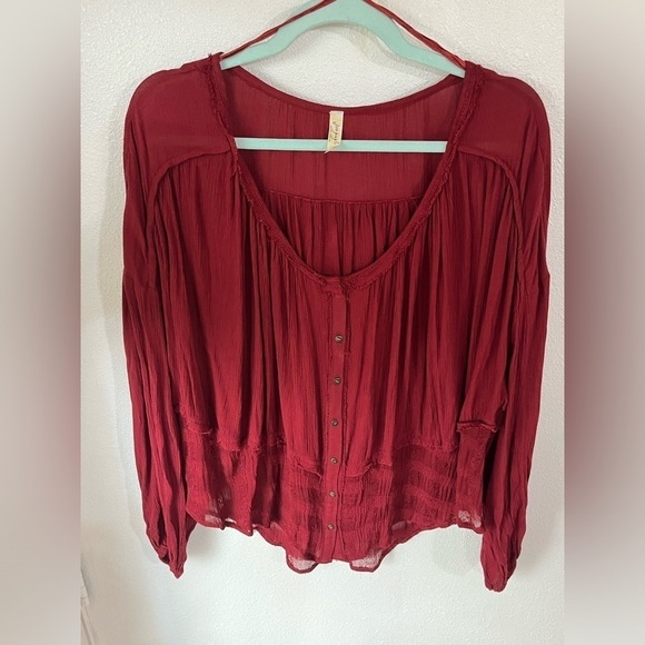 Free people oversize Sz SP red burgundy three-quarter sleeve button-down - Picture 1 of 6